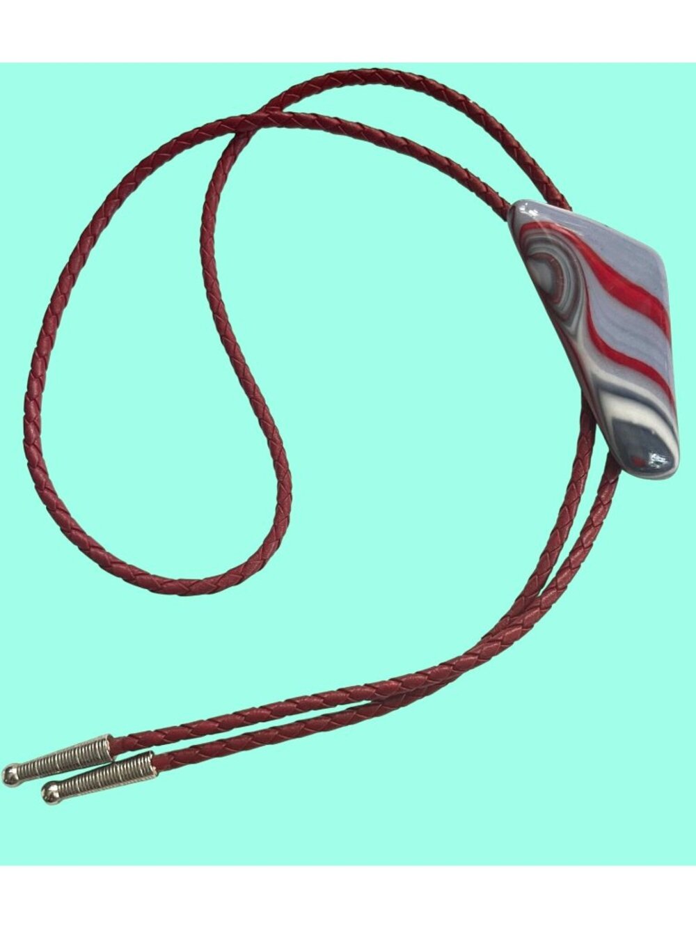 Red & Grayish blue Bolo Tie With Abstract Patterned Glass Pendant